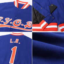 Load image into Gallery viewer, Custom Royal Orange-White Bomber Full-Snap Varsity Letterman Jacket
