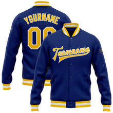 Load image into Gallery viewer, Custom Royal Gold-White Bomber Full-Snap Varsity Letterman Jacket
