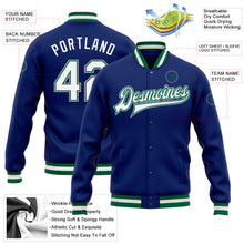 Load image into Gallery viewer, Custom Royal White Kelly Green-Gray Bomber Full-Snap Varsity Letterman Jacket
