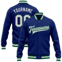 Load image into Gallery viewer, Custom Royal White Kelly Green-Gray Bomber Full-Snap Varsity Letterman Jacket
