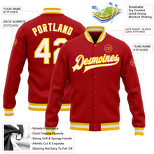 Load image into Gallery viewer, Custom Red White-Gold Bomber Full-Snap Varsity Letterman Jacket
