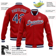 Load image into Gallery viewer, Custom Red Navy-White Bomber Full-Snap Varsity Letterman Jacket
