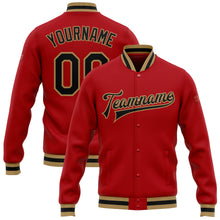 Load image into Gallery viewer, Custom Red Black-Old Gold Bomber Full-Snap Varsity Letterman Jacket
