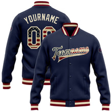 Load image into Gallery viewer, Custom Navy Vintage USA Flag-Cream Bomber Full-Snap Varsity Letterman Jacket
