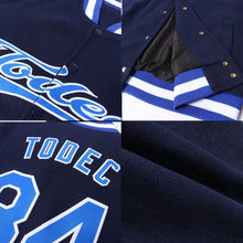Load image into Gallery viewer, Custom Navy Royal-White Bomber Full-Snap Varsity Letterman Jacket
