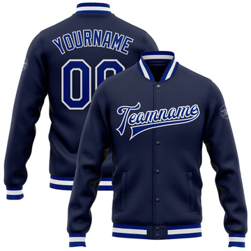 Custom Navy Royal-White Bomber Full-Snap Varsity Letterman Jacket