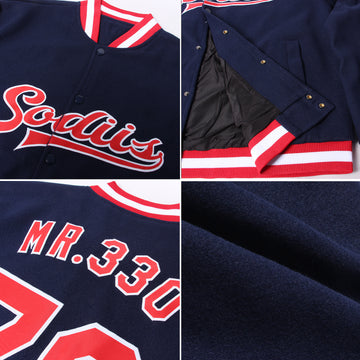 Custom Navy Red-White Bomber Full-Snap Varsity Letterman Jacket