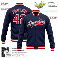 Load image into Gallery viewer, Custom Navy Red-White Bomber Full-Snap Varsity Letterman Jacket
