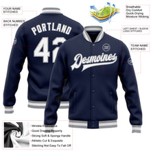 Load image into Gallery viewer, Custom Navy White-Gray Bomber Full-Snap Varsity Letterman Jacket
