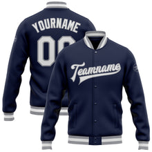 Load image into Gallery viewer, Custom Navy White-Gray Bomber Full-Snap Varsity Letterman Jacket
