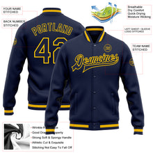 Load image into Gallery viewer, Custom Navy Navy-Gold Bomber Full-Snap Varsity Letterman Jacket
