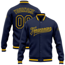 Load image into Gallery viewer, Custom Navy Navy-Gold Bomber Full-Snap Varsity Letterman Jacket
