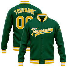 Load image into Gallery viewer, Custom Kelly Green Gold-White Bomber Full-Snap Varsity Letterman Jacket

