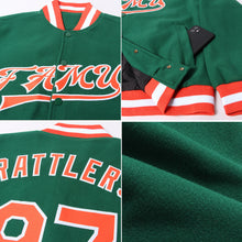 Load image into Gallery viewer, Custom Kelly Green Orange-White Bomber Full-Snap Varsity Letterman Jacket
