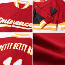 Load image into Gallery viewer, Custom Crimson White-Gold Bomber Full-Snap Varsity Letterman Jacket
