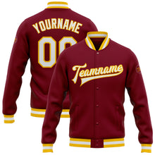 Load image into Gallery viewer, Custom Crimson White-Gold Bomber Full-Snap Varsity Letterman Jacket
