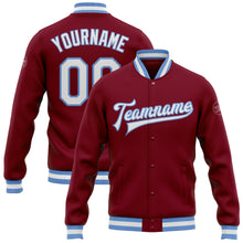 Load image into Gallery viewer, Custom Crimson White-Light Blue Bomber Full-Snap Varsity Letterman Jacket
