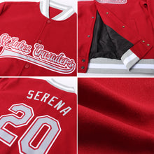 Load image into Gallery viewer, Custom Crimson Gray-White Bomber Full-Snap Varsity Letterman Jacket

