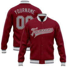 Load image into Gallery viewer, Custom Crimson Gray-White Bomber Full-Snap Varsity Letterman Jacket
