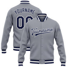 Load image into Gallery viewer, Custom Gray Navy-White Bomber Full-Snap Varsity Letterman Jacket
