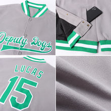 Load image into Gallery viewer, Custom Gray Kelly Green-White Bomber Full-Snap Varsity Letterman Jacket
