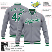 Load image into Gallery viewer, Custom Gray Kelly Green-White Bomber Full-Snap Varsity Letterman Jacket
