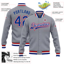 Load image into Gallery viewer, Custom Gray Royal White-Red Bomber Full-Snap Varsity Letterman Jacket
