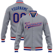 Load image into Gallery viewer, Custom Gray Royal White-Red Bomber Full-Snap Varsity Letterman Jacket
