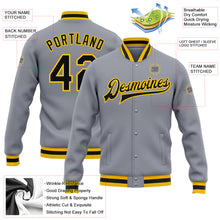 Load image into Gallery viewer, Custom Gray Black-Gold Bomber Full-Snap Varsity Letterman Jacket
