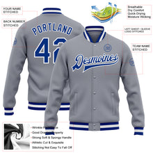Load image into Gallery viewer, Custom Gray Royal-White Bomber Full-Snap Varsity Letterman Jacket
