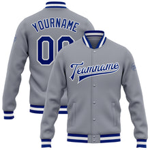 Load image into Gallery viewer, Custom Gray Royal-White Bomber Full-Snap Varsity Letterman Jacket
