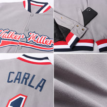 Load image into Gallery viewer, Custom Gray Navy White-Red Bomber Full-Snap Varsity Letterman Jacket
