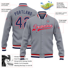 Load image into Gallery viewer, Custom Gray Navy White-Red Bomber Full-Snap Varsity Letterman Jacket
