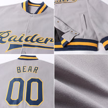 Load image into Gallery viewer, Custom Gray Navy-Gold Bomber Full-Snap Varsity Letterman Jacket
