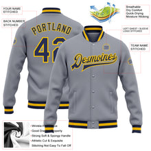 Load image into Gallery viewer, Custom Gray Navy-Gold Bomber Full-Snap Varsity Letterman Jacket
