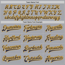 Load image into Gallery viewer, Custom Gray Navy-Gold Bomber Full-Snap Varsity Letterman Jacket
