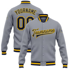 Load image into Gallery viewer, Custom Gray Navy-Gold Bomber Full-Snap Varsity Letterman Jacket
