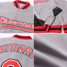 Load image into Gallery viewer, Custom Gray Red White-Black Bomber Full-Snap Varsity Letterman Jacket
