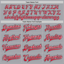 Load image into Gallery viewer, Custom Gray Red White-Black Bomber Full-Snap Varsity Letterman Jacket
