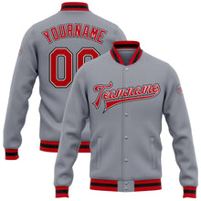Load image into Gallery viewer, Custom Gray Red White-Black Bomber Full-Snap Varsity Letterman Jacket
