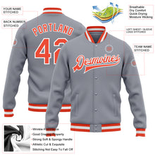 Load image into Gallery viewer, Custom Gray Orange-White Bomber Full-Snap Varsity Letterman Jacket

