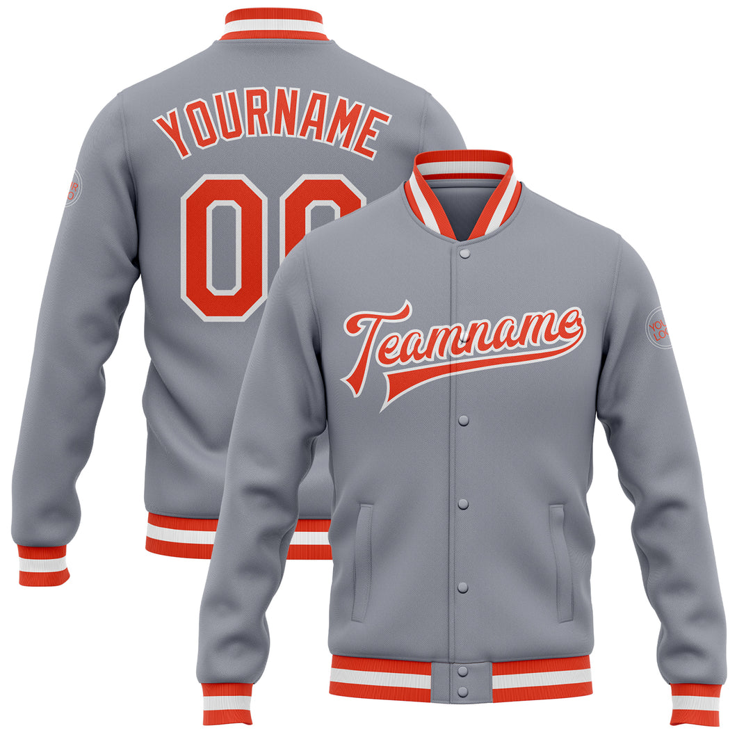 Custom Gray Orange-White Bomber Full-Snap Varsity Letterman Jacket