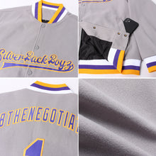 Load image into Gallery viewer, Custom Gray Purple-Gold Bomber Full-Snap Varsity Letterman Jacket
