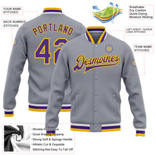 Load image into Gallery viewer, Custom Gray Purple-Gold Bomber Full-Snap Varsity Letterman Jacket
