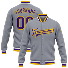 Load image into Gallery viewer, Custom Gray Purple-Gold Bomber Full-Snap Varsity Letterman Jacket
