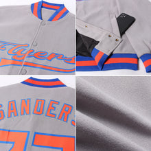 Load image into Gallery viewer, Custom Gray Orange-Royal Bomber Full-Snap Varsity Letterman Jacket
