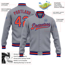 Load image into Gallery viewer, Custom Gray Orange-Royal Bomber Full-Snap Varsity Letterman Jacket
