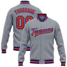 Load image into Gallery viewer, Custom Gray Orange-Royal Bomber Full-Snap Varsity Letterman Jacket

