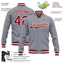 Load image into Gallery viewer, Custom Gray Maroon-Cream Bomber Full-Snap Varsity Letterman Jacket
