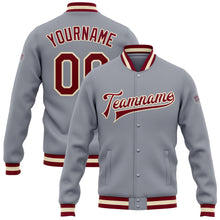 Load image into Gallery viewer, Custom Gray Maroon-Cream Bomber Full-Snap Varsity Letterman Jacket

